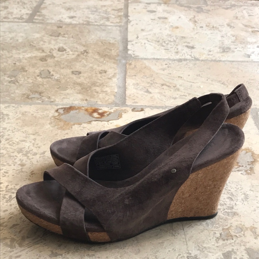 UGG suede sling back, peep toe, cork wedge sandals